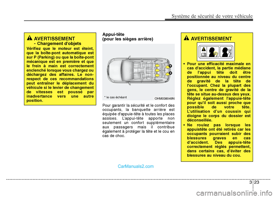 Hyundai Santa Fe 2012  Manuel du propriétaire (in French) 323
Système de sécurité de votre véhicule 
Appui-tête
(pour les sièges arrière)
Pour garantir la sécurité et le confort des
occupants, la banquette arrière est
équipée dappuie-tête à to