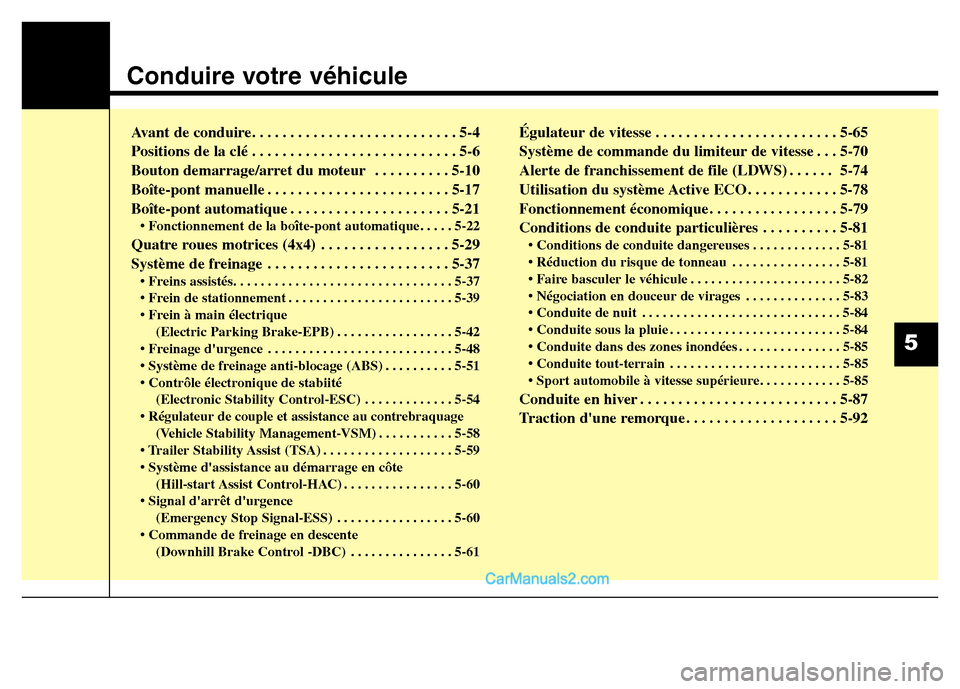 Hyundai Santa Fe 2012 Manuel du propriétaire (in French) Conduire votre véhicule
Avant de conduire. . . . . . . . . . . . . . . . . . . . . . . . . . . 5-4
Positions de la clé . . . . . . . . . . . . . . . . . . . . . . . . . . . 5-6
Bouton demarrage/arr Hyundai Santa Fe 2012 Manuel du propriétaire (in French) Conduire votre véhicule
Avant de conduire. . . . . . . . . . . . . . . . . . . . . . . . . . . 5-4
Positions de la clé . . . . . . . . . . . . . . . . . . . . . . . . . . . 5-6
Bouton demarrage/arr