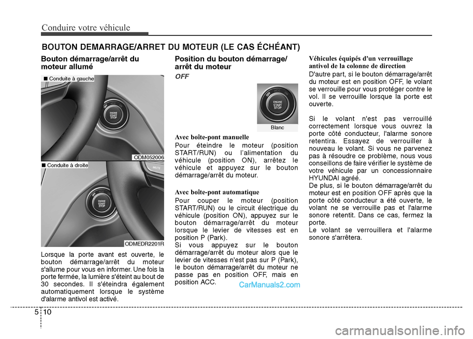 Hyundai Santa Fe 2012 Manuel du propriétaire (in French) Conduire votre véhicule
10 5
Bouton démarrage/arrêt du
moteur allumé
Lorsque la porte avant est ouverte, le
bouton démarrage/arrêt du moteur
sallume pour vous en informer. Une fois la
porte fer Hyundai Santa Fe 2012 Manuel du propriétaire (in French) Conduire votre véhicule
10 5
Bouton démarrage/arrêt du
moteur allumé
Lorsque la porte avant est ouverte, le
bouton démarrage/arrêt du moteur
sallume pour vous en informer. Une fois la
porte fer