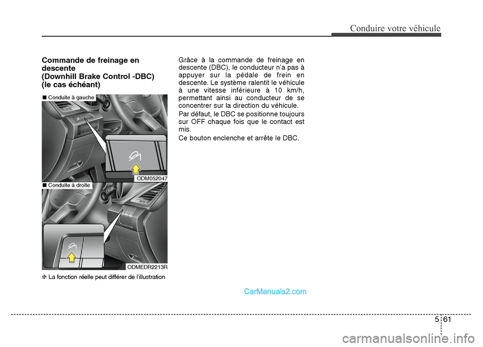 Hyundai Santa Fe 2012 Manuel du propriétaire (in French) 561
Conduire votre véhicule
Commande de freinage en
descente
(Downhill Brake Control -DBC)
(le cas échéant)
❈La fonction réelle peut différer de lillustration
Grâce à la commande de freina Hyundai Santa Fe 2012 Manuel du propriétaire (in French) 561
Conduire votre véhicule
Commande de freinage en
descente
(Downhill Brake Control -DBC)
(le cas échéant)
❈La fonction réelle peut différer de lillustration
Grâce à la commande de freina