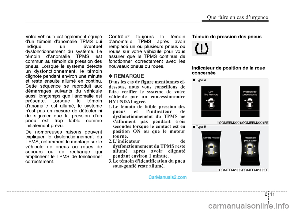 Hyundai Santa Fe 2012 Manuel du propriétaire (in French) 611
Que faire en cas d’urgence
Votre véhicule est également équipé
dun témoin danomalie TPMS qui
indique un éventuel
dysfonctionnement du système. Le
témoin d’anomalie TPMS est
commun au Hyundai Santa Fe 2012 Manuel du propriétaire (in French) 611
Que faire en cas d’urgence
Votre véhicule est également équipé
dun témoin danomalie TPMS qui
indique un éventuel
dysfonctionnement du système. Le
témoin d’anomalie TPMS est
commun au