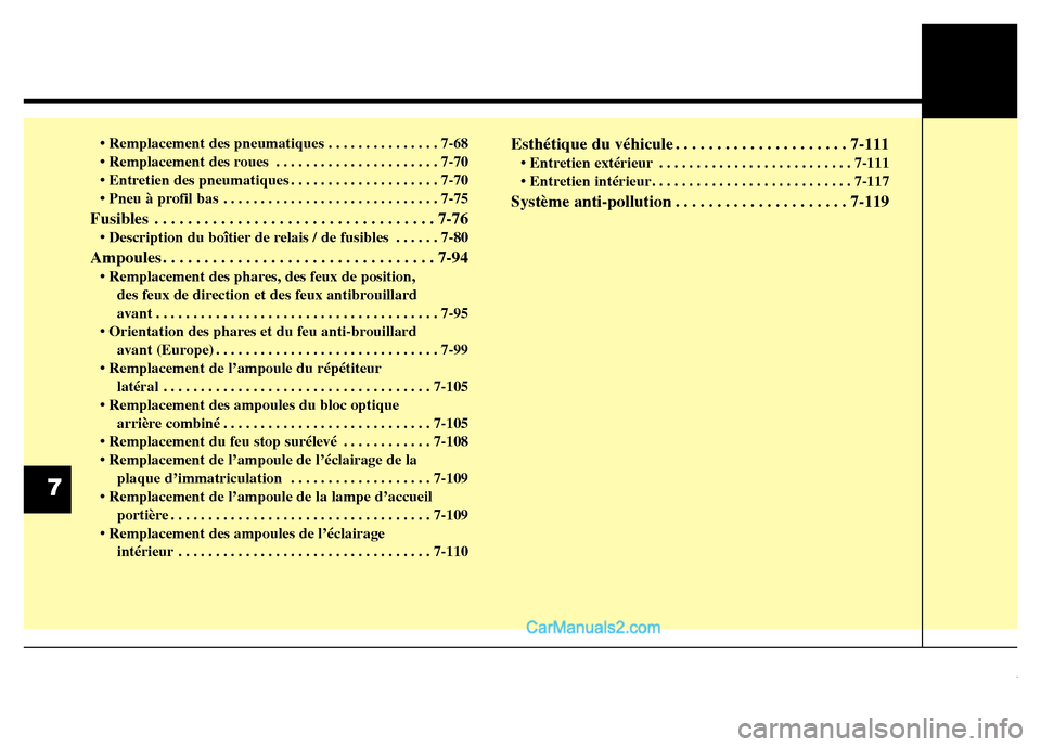 Hyundai Santa Fe 2012  Manuel du propriétaire (in French) • Remplacement des pneumatiques . . . . . . . . . . . . . . . 7-68
• Remplacement des roues . . . . . . . . . . . . . . . . . . . . . . 7-70
• Entretien des pneumatiques . . . . . . . . . . . . 