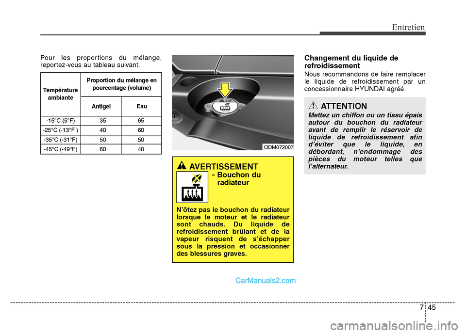 Hyundai Santa Fe 2012 Manuel du propriétaire (in French) 745
Entretien
Pour les proportions du mélange,
reportez-vous au tableau suivant.Changement du liquide de
refroidissement
Nous recommandons de faire remplacer
le liquide de refroidissement par un
conc Hyundai Santa Fe 2012 Manuel du propriétaire (in French) 745
Entretien
Pour les proportions du mélange,
reportez-vous au tableau suivant.Changement du liquide de
refroidissement
Nous recommandons de faire remplacer
le liquide de refroidissement par un
conc