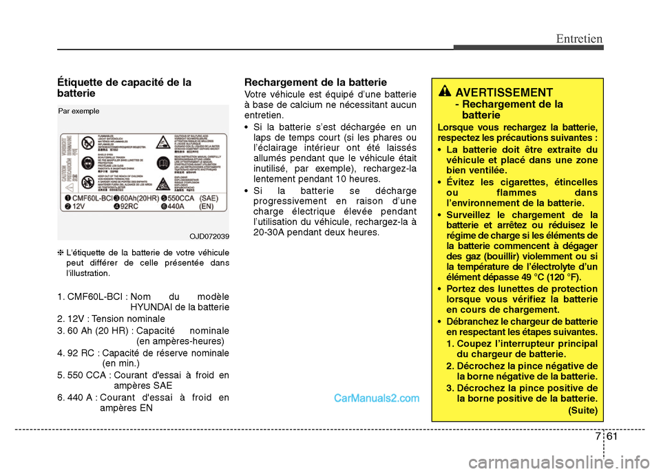 Hyundai Santa Fe 2012 Manuel du propriétaire (in French) 761
Entretien
Étiquette de capacité de la
batterie
❈Létiquette de la batterie de votre véhicule
peut différer de celle présentée dans
lillustration.
1. CMF60L-BCI :Nom du modèle
HYUNDAI de Hyundai Santa Fe 2012 Manuel du propriétaire (in French) 761
Entretien
Étiquette de capacité de la
batterie
❈Létiquette de la batterie de votre véhicule
peut différer de celle présentée dans
lillustration.
1. CMF60L-BCI :Nom du modèle
HYUNDAI de