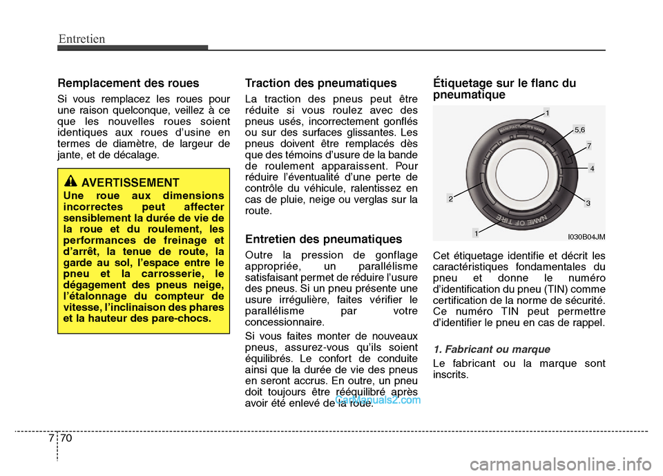 Hyundai Santa Fe 2012 Manuel du propriétaire (in French) Entretien
70 7
Remplacement des roues
Si vous remplacez les roues pour
une raison quelconque, veillez à ce
que les nouvelles roues soient
identiques aux roues d’usine en
termes de diamètre, de lar Hyundai Santa Fe 2012 Manuel du propriétaire (in French) Entretien
70 7
Remplacement des roues
Si vous remplacez les roues pour
une raison quelconque, veillez à ce
que les nouvelles roues soient
identiques aux roues d’usine en
termes de diamètre, de lar