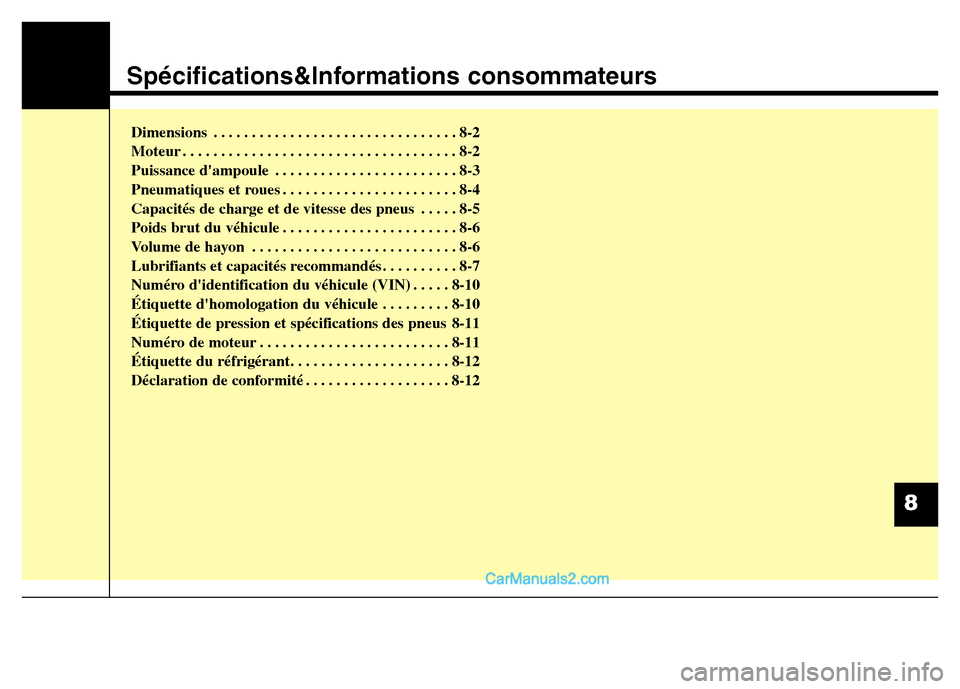 Hyundai Santa Fe 2012 Manuel du propriétaire (in French) Spécifications&Informations consommateurs
Dimensions . . . . . . . . . . . . . . . . . . . . . . . . . . . . . . . . 8-2
Moteur . . . . . . . . . . . . . . . . . . . . . . . . . . . . . . . . . . . . Hyundai Santa Fe 2012 Manuel du propriétaire (in French) Spécifications&Informations consommateurs
Dimensions . . . . . . . . . . . . . . . . . . . . . . . . . . . . . . . . 8-2
Moteur . . . . . . . . . . . . . . . . . . . . . . . . . . . . . . . . . . . .