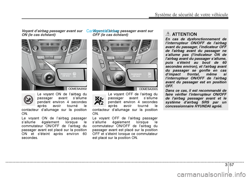 Hyundai Santa Fe 2012 Manuel du propriétaire (in French) 357
Système de sécurité de votre véhicule
Voyant d’airbag passager avant sur
ON (le cas échéant)
Le voyant ON de l’airbag du
passager avant s’allume
pendant environ 4 secondes
après avoi Hyundai Santa Fe 2012 Manuel du propriétaire (in French) 357
Système de sécurité de votre véhicule
Voyant d’airbag passager avant sur
ON (le cas échéant)
Le voyant ON de l’airbag du
passager avant s’allume
pendant environ 4 secondes
après avoi