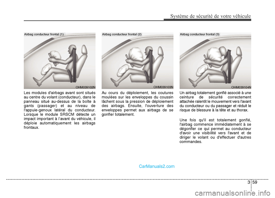 Hyundai Santa Fe 2012 Manuel du propriétaire (in French) 359
Système de sécurité de votre véhicule
Les modules dairbags avant sont situés
au centre du volant (conducteur), dans le
panneau situé au-dessus de la boîte à
gants (passager) et au niveau Hyundai Santa Fe 2012 Manuel du propriétaire (in French) 359
Système de sécurité de votre véhicule
Les modules dairbags avant sont situés
au centre du volant (conducteur), dans le
panneau situé au-dessus de la boîte à
gants (passager) et au niveau