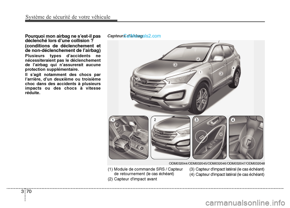Hyundai Santa Fe 2012 Manuel du propriétaire (in French) Système de sécurité de votre véhicule
70 3
Pourquoi mon airbag ne s’est-il pas
déclenché lors d’une collision ?
(conditions de déclenchement et
de non-déclenchement de l’airbag)
Plusie Hyundai Santa Fe 2012 Manuel du propriétaire (in French) Système de sécurité de votre véhicule
70 3
Pourquoi mon airbag ne s’est-il pas
déclenché lors d’une collision ?
(conditions de déclenchement et
de non-déclenchement de l’airbag)
Plusie