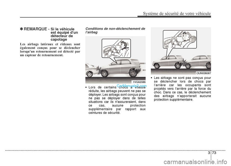 Hyundai Santa Fe 2012 Manuel du propriétaire (in French) 373
Système de sécurité de votre véhicule
✽ REMARQUE - Si le véhicule
est équipé dun
détecteur de
capotage
Les airbags latéraux et rideaux sont
également conçus pour se déclencher
lors Hyundai Santa Fe 2012 Manuel du propriétaire (in French) 373
Système de sécurité de votre véhicule
✽ REMARQUE - Si le véhicule
est équipé dun
détecteur de
capotage
Les airbags latéraux et rideaux sont
également conçus pour se déclencher
lors