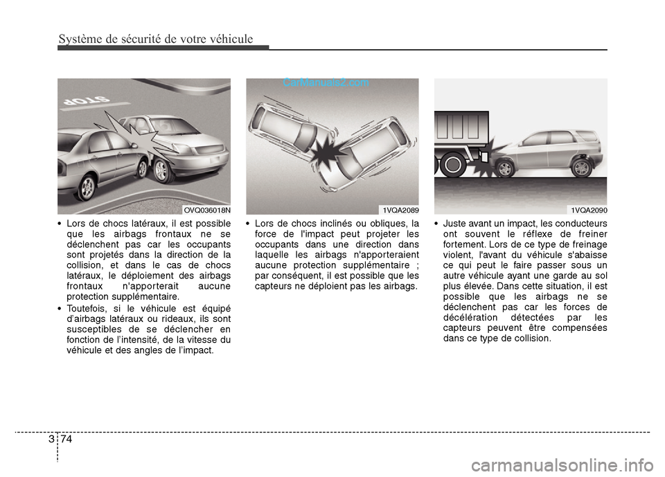 Hyundai Santa Fe 2012 Manuel du propriétaire (in French) Système de sécurité de votre véhicule
74 3
• Lors de chocs latéraux, il est possible
que les airbags frontaux ne se
déclenchent pas car les occupants
sont projetés dans la direction de la
co Hyundai Santa Fe 2012 Manuel du propriétaire (in French) Système de sécurité de votre véhicule
74 3
• Lors de chocs latéraux, il est possible
que les airbags frontaux ne se
déclenchent pas car les occupants
sont projetés dans la direction de la
co