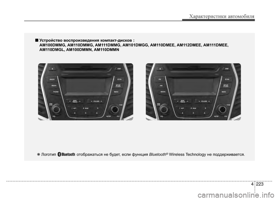 Hyundai Santa Fe 2012 Инструкция по эксплуатации (in Russian) 4223
Характер\bст\bк\b авто\fоб\bля
■
■УсKfройсKfво воспроизведения компакKf-дисков :
AM100DMMG, AM110DMMG, AM111DMMG, AM101DMGG, AM110DMEE, Hyundai Santa Fe 2012 Инструкция по эксплуатации (in Russian) 4223
Характер\bст\bк\b авто\fоб\bля
■
■УсKfройсKfво воспроизведения компакKf-дисков :
AM100DMMG, AM110DMMG, AM111DMMG, AM101DMGG, AM110DMEE,