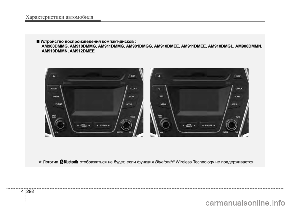 Hyundai Santa Fe 2012 Инструкция по эксплуатации (in Russian) Характер\bст\bк\b авто\fоб\bля
292
4
■
■
УсKfройсKfво воспроизведения компакKf-дисков :
AM900DMMG, AM910DMMG, AM911DMMG, AM901DMGG, AM910DM Hyundai Santa Fe 2012 Инструкция по эксплуатации (in Russian) Характер\bст\bк\b авто\fоб\bля
292
4
■
■
УсKfройсKfво воспроизведения компакKf-дисков :
AM900DMMG, AM910DMMG, AM911DMMG, AM901DMGG, AM910DM
