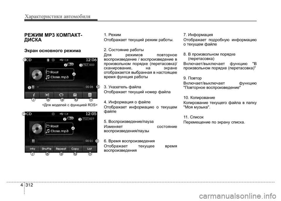 Hyundai Santa Fe 2012 Инструкция по эксплуатации (in Russian) Характер\bст\bк\b авто\fоб\bля
312
4
РЕЖKaМ MP3 КОМПАКТ-
ДKaСКА
Экран основного режима
<Для моделей V9 функцией RDS>
1. Режи Hyundai Santa Fe 2012 Инструкция по эксплуатации (in Russian) Характер\bст\bк\b авто\fоб\bля
312
4
РЕЖKaМ MP3 КОМПАКТ-
ДKaСКА
Экран основного режима
<Для моделей V9 функцией RDS>
1. Режи