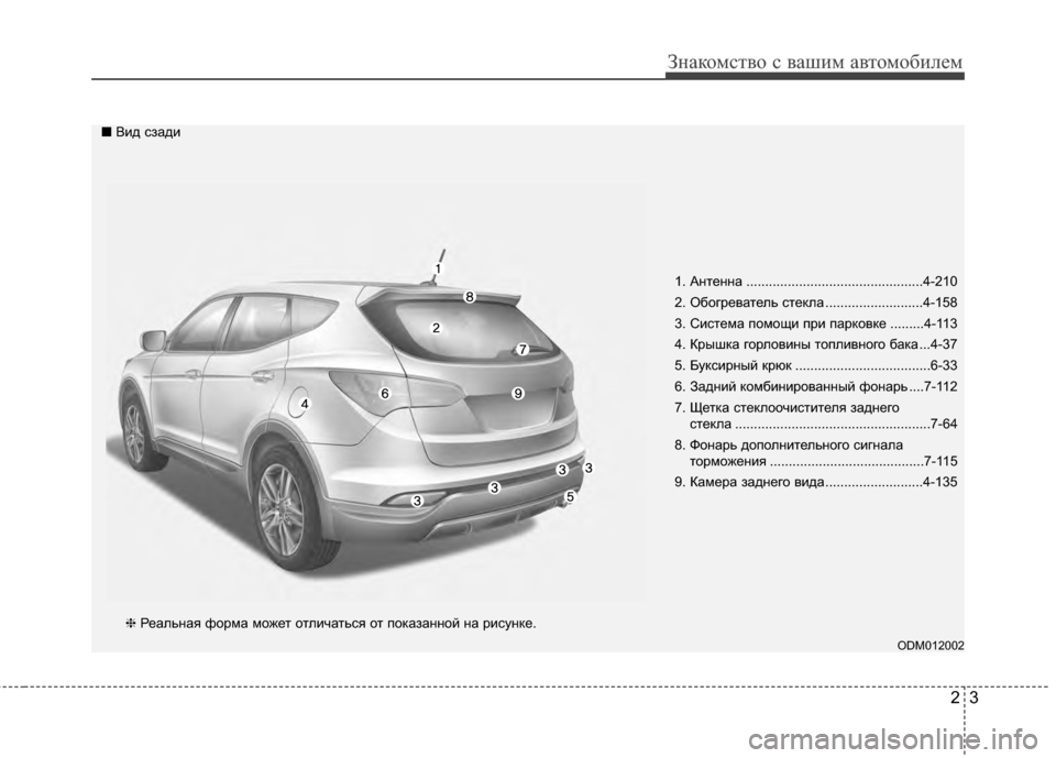 Hyundai Santa Fe 2012 Инструкция по эксплуатации (in Russian) 23
Знаком\bтво \b ваш\fм автомоб\fлем
1. А\bте\b\bа ...............................................4-210
2. Обогреватель стекла ..........................4 Hyundai Santa Fe 2012 Инструкция по эксплуатации (in Russian) 23
Знаком\bтво \b ваш\fм автомоб\fлем
1. А\bте\b\bа ...............................................4-210
2. Обогреватель стекла ..........................4