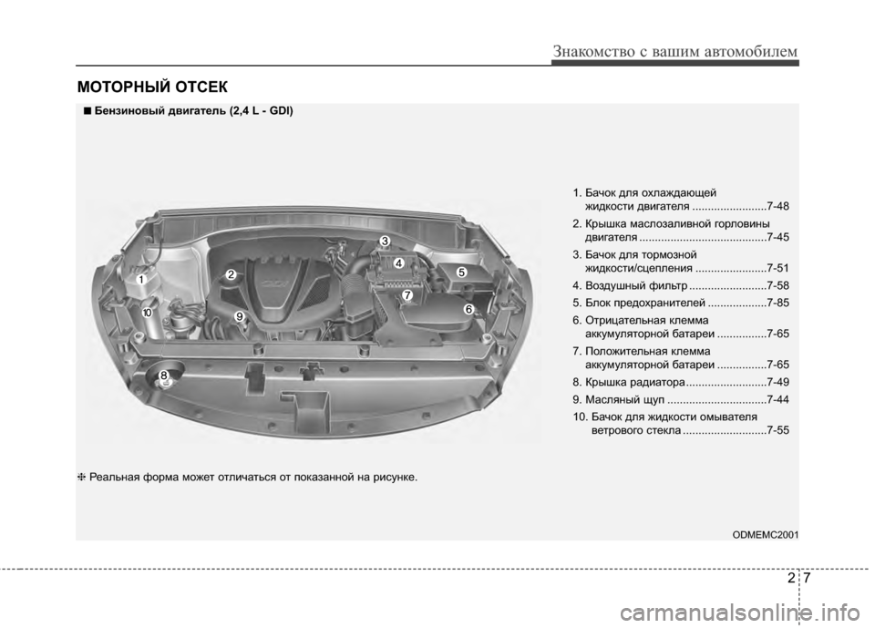 Hyundai Santa Fe 2012 Инструкция по эксплуатации (in Russian) 27
Знаком\bтво \b ваш\fм автомоб\fлем
МОТОРНЫЙ ОТСЕК
1. Бачок для охлаждающей жидкости двигателя ........................7-48
2. Hyundai Santa Fe 2012 Инструкция по эксплуатации (in Russian) 27
Знаком\bтво \b ваш\fм автомоб\fлем
МОТОРНЫЙ ОТСЕК
1. Бачок для охлаждающей жидкости двигателя ........................7-48
2.