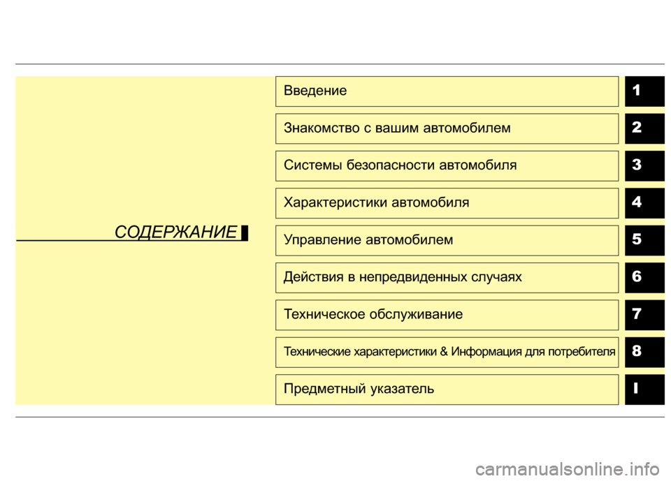 Hyundai Santa Fe 2012  Инструкция по эксплуатации (in Russian) 1
2
3
4
5
6
7
8I
Введение
Знакомство с вашим автомобилем
Системы бе\fопасности автомобиля
Характеристики автомобил