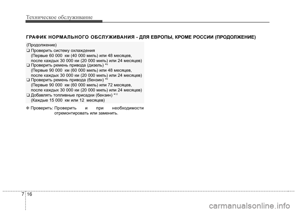 Hyundai Santa Fe 2012 Инструкция по эксплуатации (in Russian) Техниче\bкое об\b\fуживание
16
7
(ПродолжеGШие)
❑ ПровериGKь сисGKему охлаждеGШия
(Первые 60 000 км (40 000 миль) или 48 мес Hyundai Santa Fe 2012 Инструкция по эксплуатации (in Russian) Техниче\bкое об\b\fуживание
16
7
(ПродолжеGШие)
❑ ПровериGKь сисGKему охлаждеGШия
(Первые 60 000 км (40 000 миль) или 48 мес