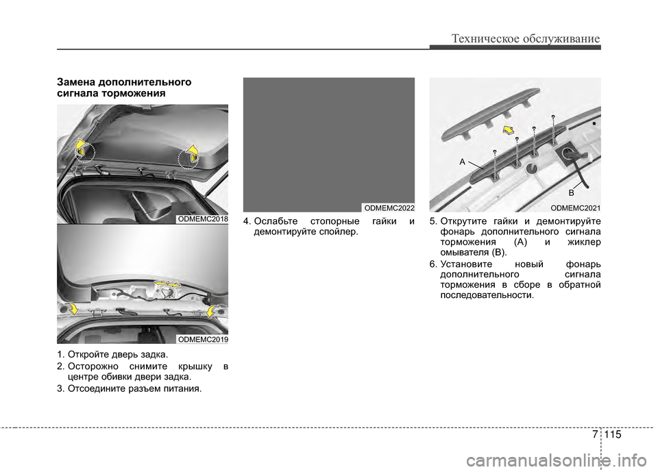Hyundai Santa Fe 2012 Инструкция по эксплуатации (in Russian) 7115
Техниче\bкое об\b\fуживание
Замена допоЗЙнитеЗЙьного
ЗbигнаЗЙа торможения
1. ОGKкройGKе дверь задка.
2. ОсGKорож Hyundai Santa Fe 2012 Инструкция по эксплуатации (in Russian) 7115
Техниче\bкое об\b\fуживание
Замена допоЗЙнитеЗЙьного
ЗbигнаЗЙа торможения
1. ОGKкройGKе дверь задка.
2. ОсGKорож