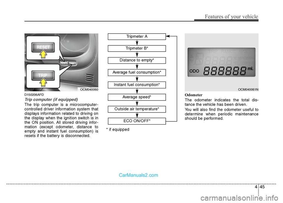 Hyundai Santa Fe 2011  Owners Manual 
445
Features of your vehicle
D150206AFD
Trip computer (if equipped)
The trip computer is a microcomputer-
controlled driver information system that
displays information related to driving on
the disp