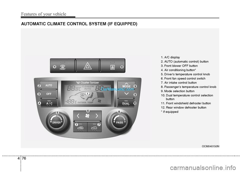 Hyundai Santa Fe 2011  Owners Manual 
Features of your vehicle
76
4
AUTOMATIC CLIMATE CONTROL SYSTEM (IF EQUIPPED)
OCM040150N
1. A/C display
2. AUTO (automatic control) button
3. Front blower OFF button
4. Air conditioning button*
5. Dri