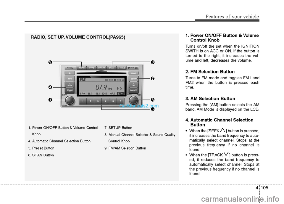 Hyundai Santa Fe 2011  Owners Manual 
4105
Features of your vehicle
1. Power ON/OFF Button & Volume ControlKnob
4. Automatic Channel Selection Button
5. Preset Button
6. SCAN Button 7. SETUP Button
8. Manual Channel Selector & Sound Qual