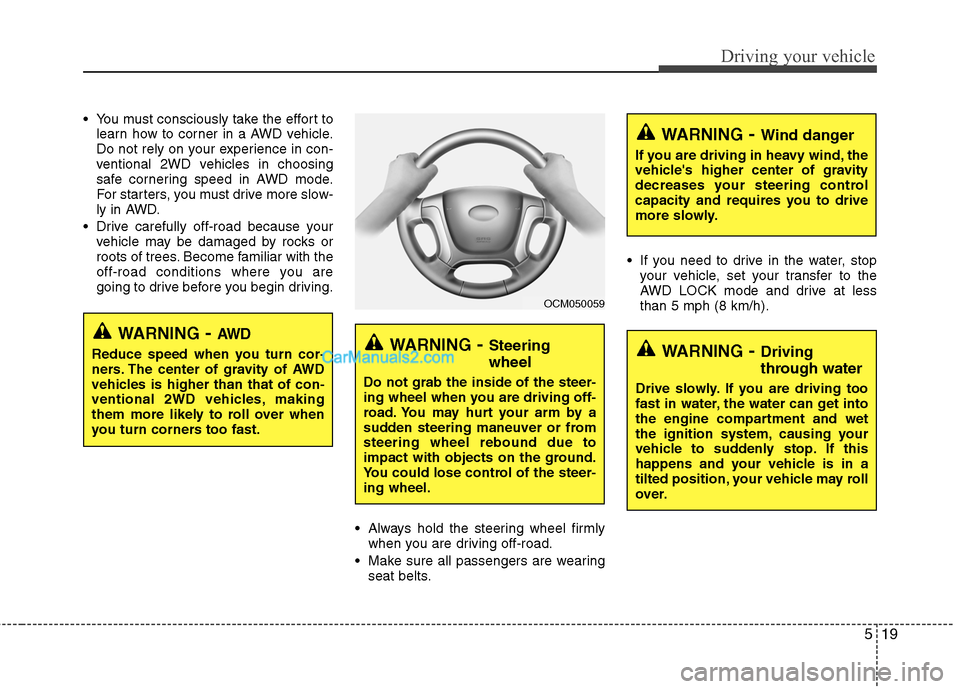 Hyundai Santa Fe 2011  Owners Manual 
519
Driving your vehicle
 You must consciously take the effort tolearn how to corner in a AWD vehicle.
Do not rely on your experience in con-
ventional 2WD vehicles in choosing
safe cornering speed i