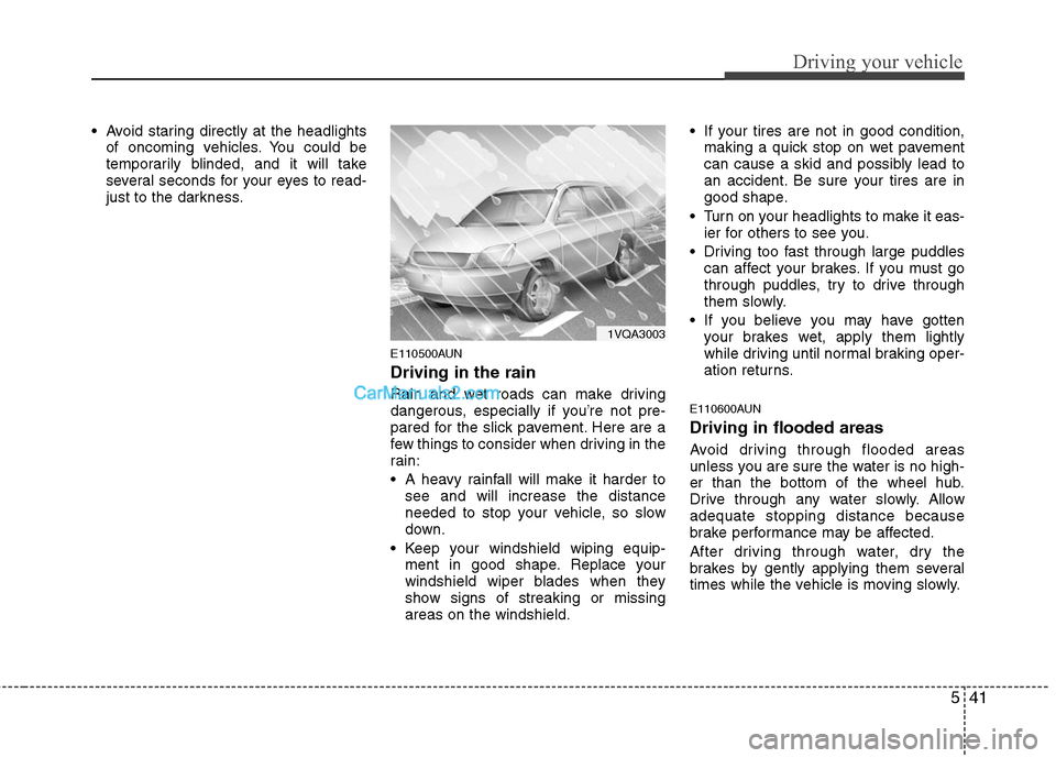 Hyundai Santa Fe 2011  Owners Manual 
541
Driving your vehicle
 Avoid staring directly at the headlightsof oncoming vehicles. You could be
temporarily blinded, and it will take
several seconds for your eyes to read-
just to the darkness.