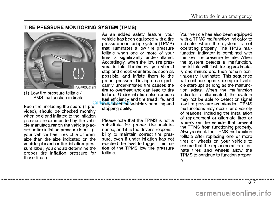 Hyundai Santa Fe 2011 Owners Manual
67
What to do in an emergency
TIRE PRESSURE MONITORING SYSTEM (TPMS)
(1) Low tire pressure telltale / TPMS malfunction indicator
Each tire, including the spare (if pro-
vided), should be checked mont Hyundai Santa Fe 2011 Owners Manual
67
What to do in an emergency
TIRE PRESSURE MONITORING SYSTEM (TPMS)
(1) Low tire pressure telltale / TPMS malfunction indicator
Each tire, including the spare (if pro-
vided), should be checked mont