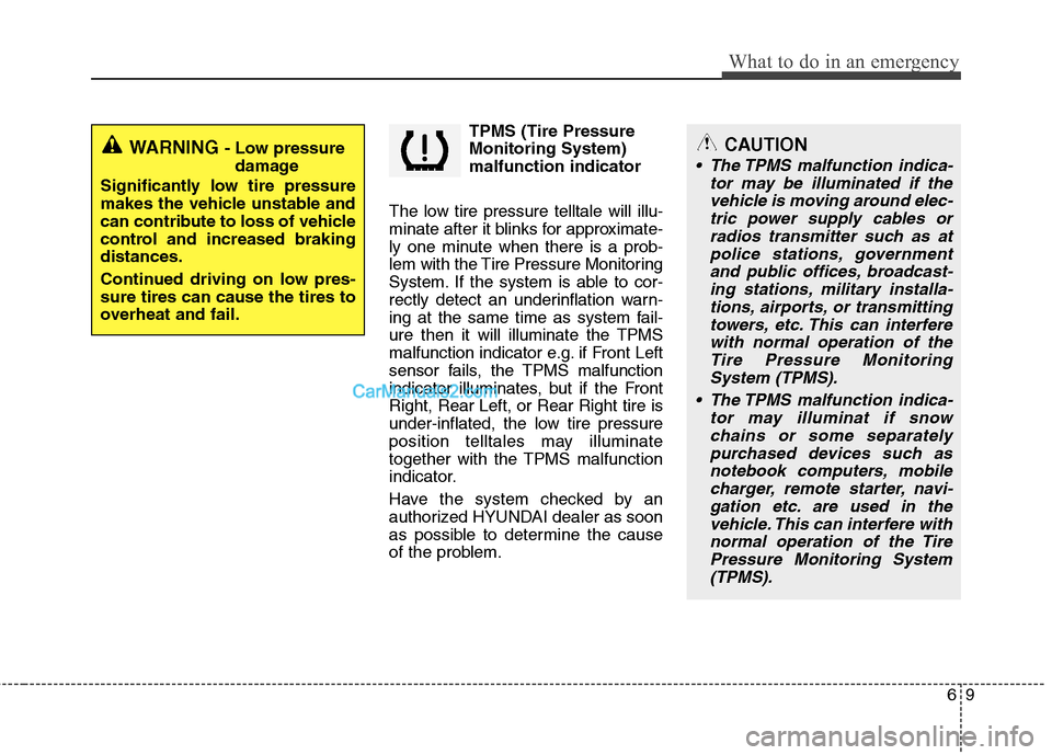 Hyundai Santa Fe 2011 Owners Manual
69
What to do in an emergency
TPMS (Tire Pressure
Monitoring System)
malfunction indicator
The low tire pressure telltale will illu-
minate after it blinks for approximate-
ly one minute when there i Hyundai Santa Fe 2011 Owners Manual
69
What to do in an emergency
TPMS (Tire Pressure
Monitoring System)
malfunction indicator
The low tire pressure telltale will illu-
minate after it blinks for approximate-
ly one minute when there i