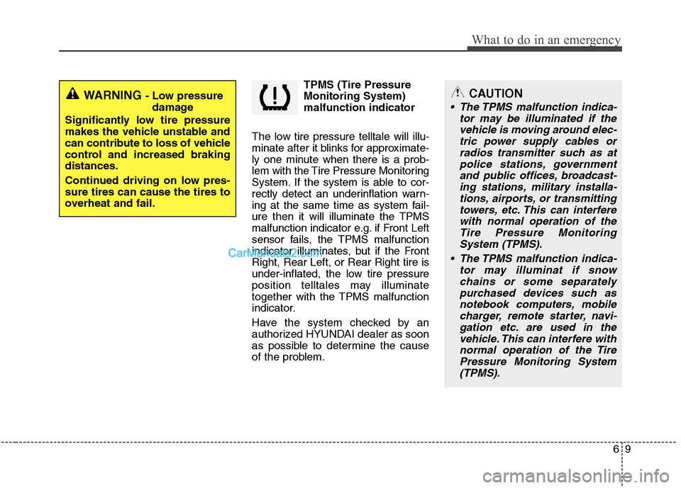 Hyundai Santa Fe 2011  Owners Manual 
69
What to do in an emergency
TPMS (Tire Pressure
Monitoring System)
malfunction indicator
The low tire pressure telltale will illu-
minate after it blinks for approximate-
ly one minute when there i