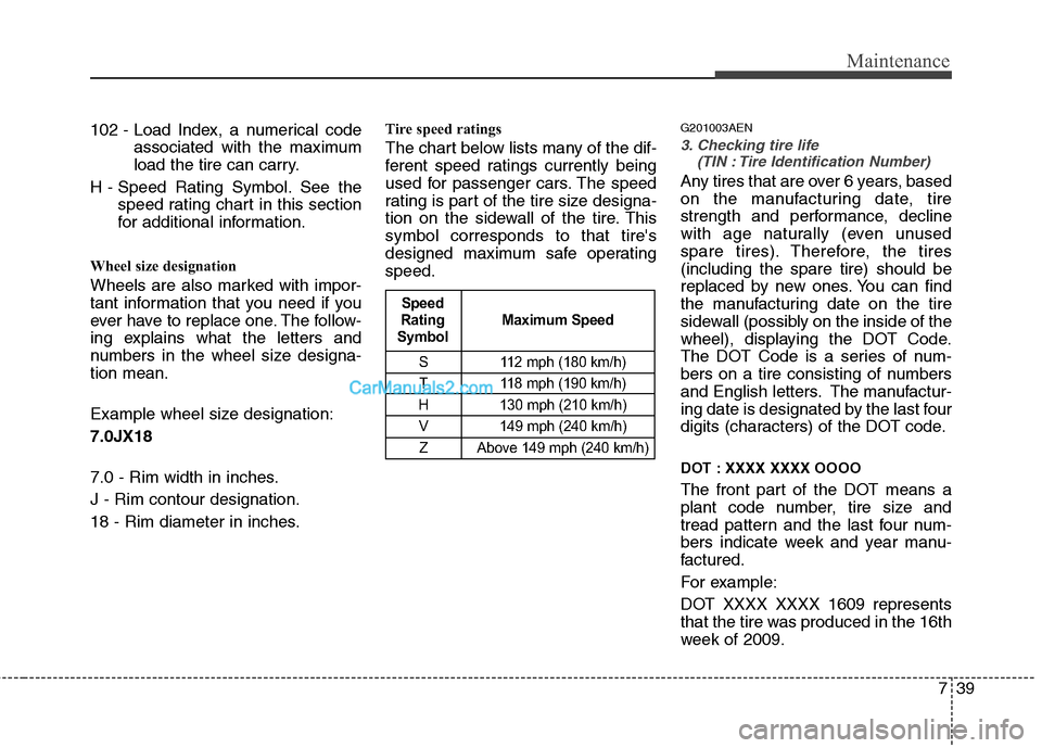 Hyundai Santa Fe 2011  Owners Manual 
739
Maintenance
102 - Load Index, a numerical codeassociated with the maximum
load the tire can carry.
H - Speed Rating Symbol. See the speed rating chart in this section
for additional information.
