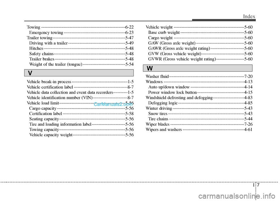 Hyundai Santa Fe 2011 Owners Manual
I7
Index
Towing ··················\
··················\
··················\
··················\
···6-22Emergency towing ·· Hyundai Santa Fe 2011 Owners Manual
I7
Index
Towing ··················\
··················\
··················\
··················\
···6-22Emergency towing ··