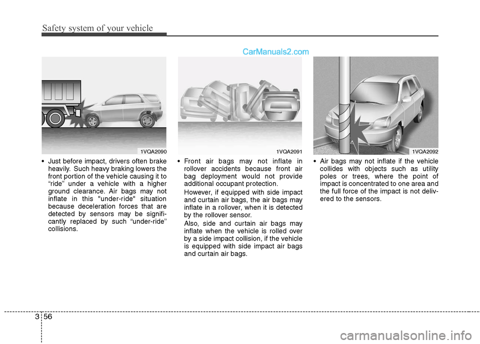 Hyundai Santa Fe 2011 Manual PDF 
Safety system of your vehicle
56
3
 Just before impact, drivers often brake
heavily. Such heavy braking lowers the
front portion of the vehicle causing it to
“ride” under a vehicle with a higher
