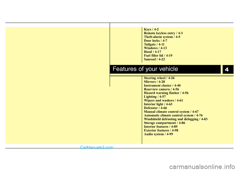 Hyundai Santa Fe 2011  Owners Manual 
4
Keys / 4-2
Remote keyless entry / 4-3
Theft-alarm system / 4-5
Door locks / 4-7
Tailgate / 4-11
Windows / 4-13
Hood / 4-17
Fuel filler lid / 4-19
Sunroof / 4-22
Steering wheel / 4-26
Mirrors / 4-28
