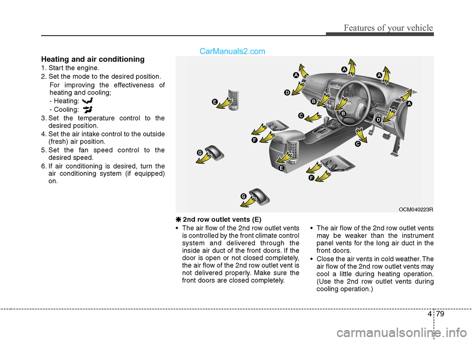 Hyundai Santa Fe 2011 Owners Manual - RHD (UK, Australia) 479
Features of your vehicle
Heating and air conditioning
1. Start the engine.
2. Set the mode to the desired position.For improving the effectiveness of heating and cooling;- Heating: - Cooling:
3. Hyundai Santa Fe 2011 Owners Manual - RHD (UK, Australia) 479
Features of your vehicle
Heating and air conditioning
1. Start the engine.
2. Set the mode to the desired position.For improving the effectiveness of heating and cooling;- Heating: - Cooling:
3.
