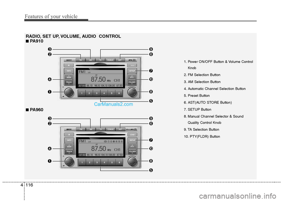 Hyundai Santa Fe 2011 Owners Manual - RHD (UK, Australia) Features of your vehicle
116
4
RADIO, SET UP, VOLUME, AUDIO CONTROL ■ PA910
■ PA960
1. Power ON/OFF Button & Volume Control
Knob
2. FM Selection Button
3. AM Selection Button
4. Automatic Channe Hyundai Santa Fe 2011 Owners Manual - RHD (UK, Australia) Features of your vehicle
116
4
RADIO, SET UP, VOLUME, AUDIO CONTROL ■ PA910
■ PA960
1. Power ON/OFF Button & Volume Control
Knob
2. FM Selection Button
3. AM Selection Button
4. Automatic Channe