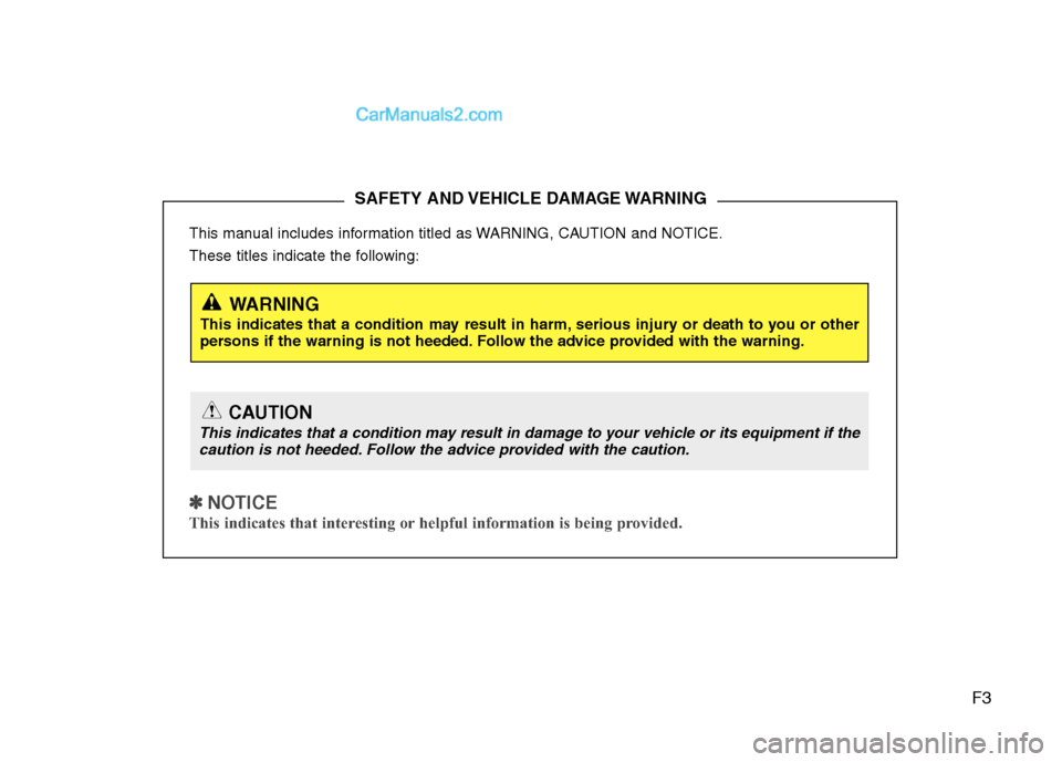 Hyundai Santa Fe 2011  Owners Manual - RHD (UK, Australia) F3
This manual includes information titled as WARNING, CAUTION and NOTICE. 
These titles indicate the following:
✽✽
  
NOTICE
This indicates that interesting or helpful information is being provid