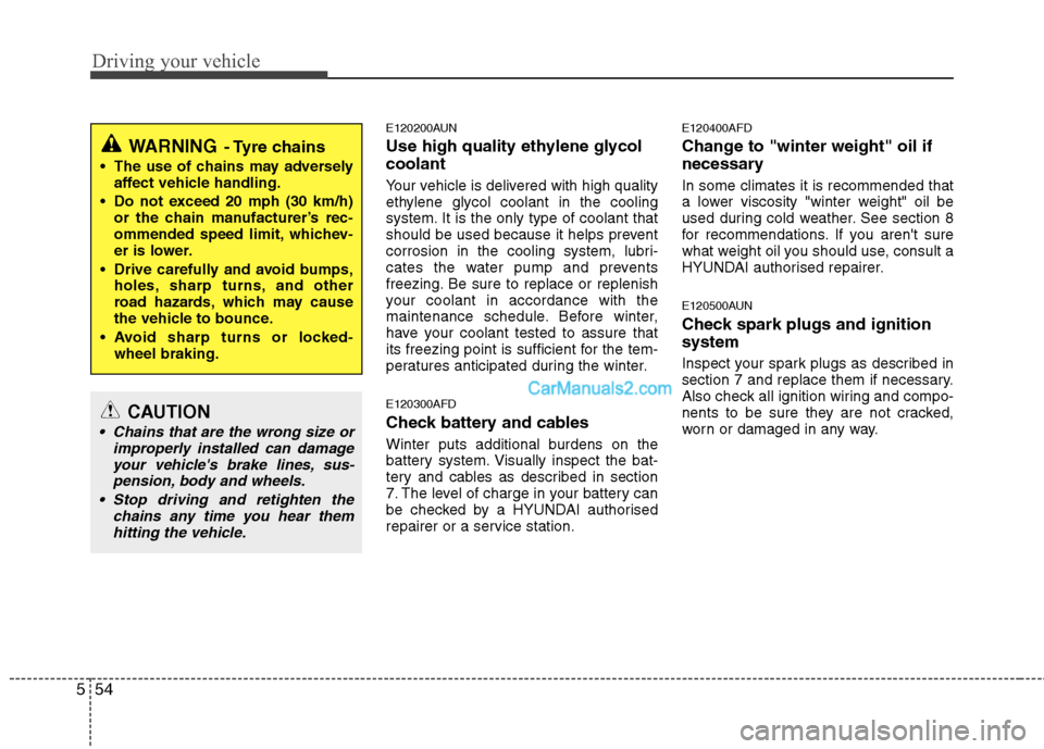 Hyundai Santa Fe 2011  Owners Manual - RHD (UK, Australia) Driving your vehicle
54
5
E120200AUN 
Use high quality ethylene glycol coolant 
Your vehicle is delivered with high quality 
ethylene glycol coolant in the cooling
system. It is the only type of coola