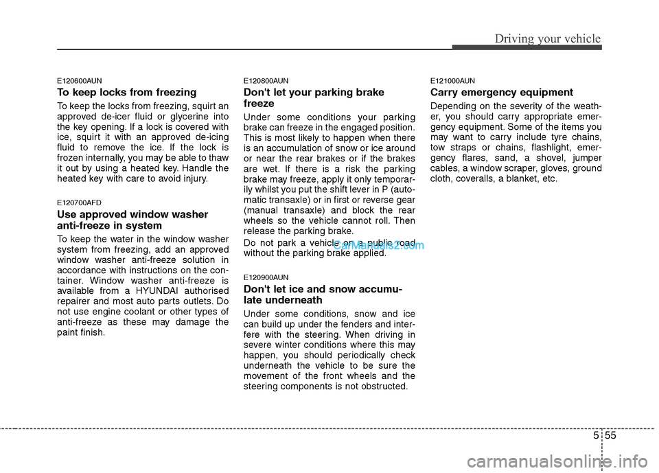 Hyundai Santa Fe 2011  Owners Manual - RHD (UK, Australia) 555
Driving your vehicle
E120600AUN 
To keep locks from freezing 
To keep the locks from freezing, squirt an 
approved de-icer fluid or glycerine into
the key opening. If a lock is covered with
ice, s