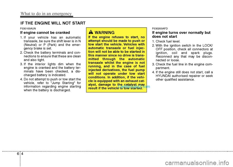 Hyundai Santa Fe 2011  Owners Manual - RHD (UK, Australia) What to do in an emergency
4
6
IF THE ENGINE WILL NOT START
F030100AUN If engine cannot be cranked 
1. If your vehicle has an automatic transaxle, be sure the shift lever is in N 
(Neutral) or P (Park