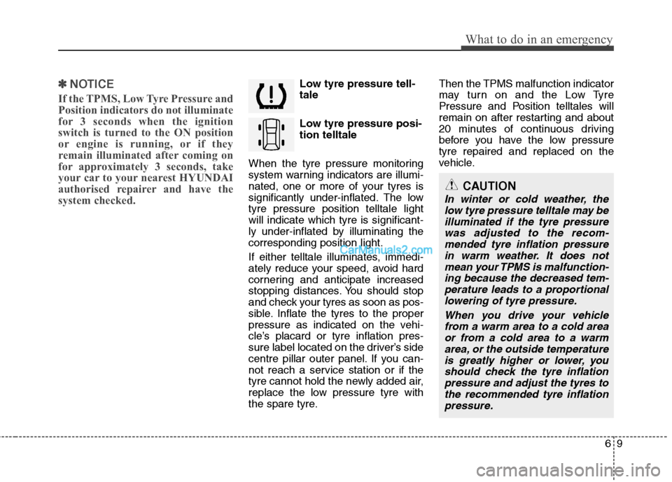 Hyundai Santa Fe 2011 Owners Manual - RHD (UK, Australia) 69
What to do in an emergency
✽✽NOTICE
If the TPMS, Low Tyre Pressure and
Position indicators do not illuminate
for 3 seconds when the ignition
switch is turned to the ON position
or engine is ru Hyundai Santa Fe 2011 Owners Manual - RHD (UK, Australia) 69
What to do in an emergency
✽✽NOTICE
If the TPMS, Low Tyre Pressure and
Position indicators do not illuminate
for 3 seconds when the ignition
switch is turned to the ON position
or engine is ru