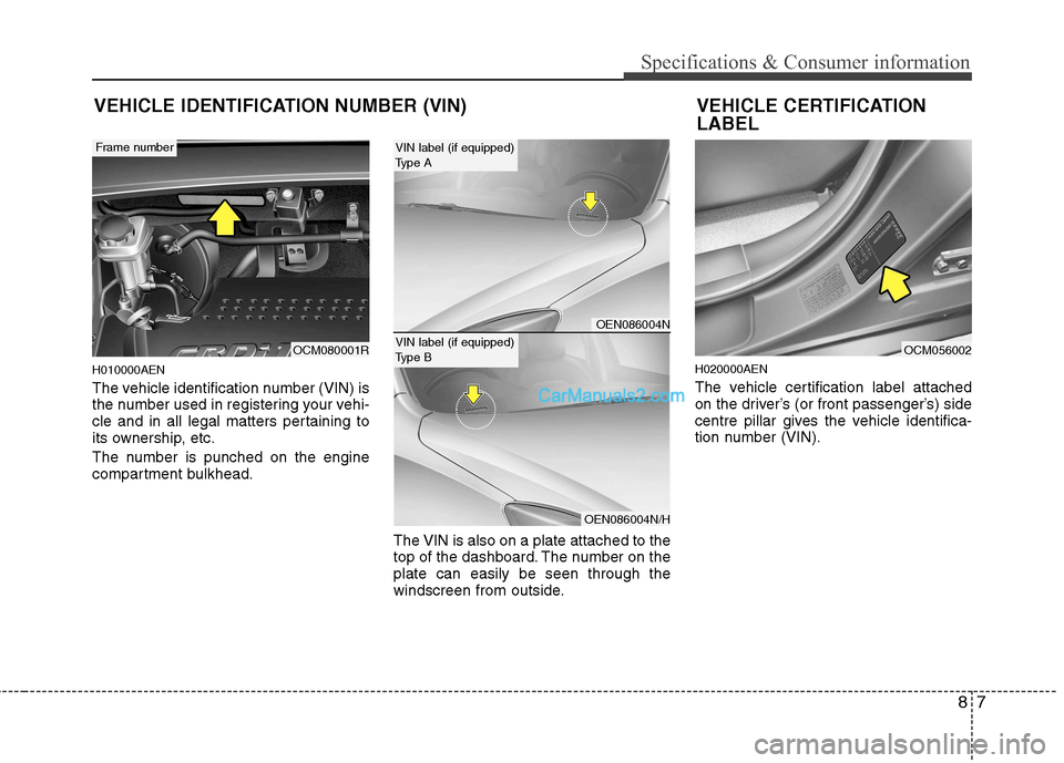 Hyundai Santa Fe 2011  Owners Manual - RHD (UK, Australia) 87
Specifications & Consumer information
H010000AEN 
The vehicle identification number (VIN) is 
the number used in registering your vehi-
cle and in all legal matters pertaining to
its ownership, etc