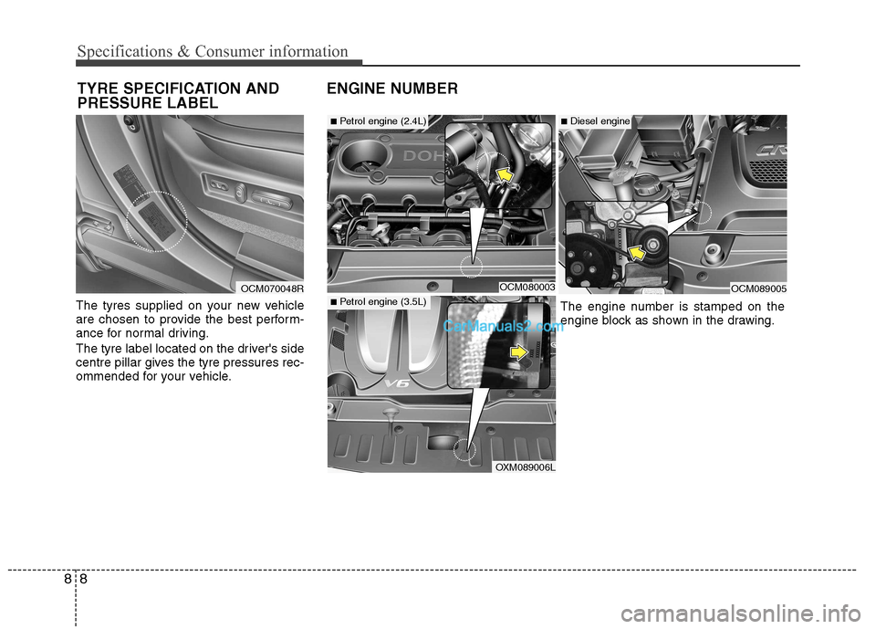 Hyundai Santa Fe 2011  Owners Manual - RHD (UK, Australia) Specifications & Consumer information
8
8
The tyres supplied on your new vehicle 
are chosen to provide the best perform-
ance for normal driving. 
The tyre label located on the drivers side 
centre 