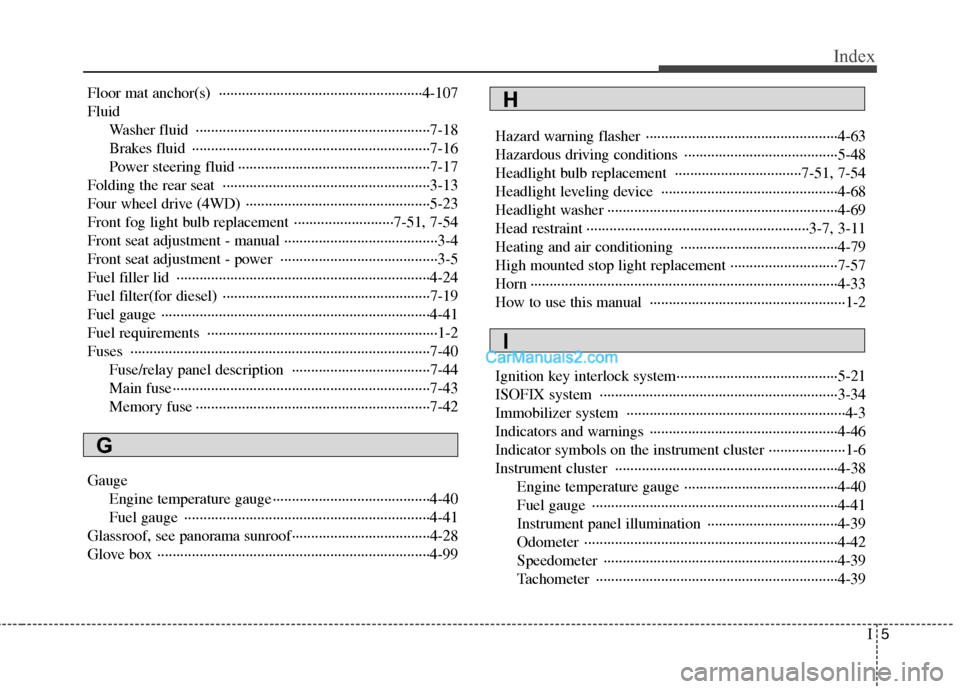 Hyundai Santa Fe 2011  Owners Manual - RHD (UK, Australia) I5
Index
Floor mat anchor(s)  ·····················································4-107 Fluid
Washer fluid  ···················