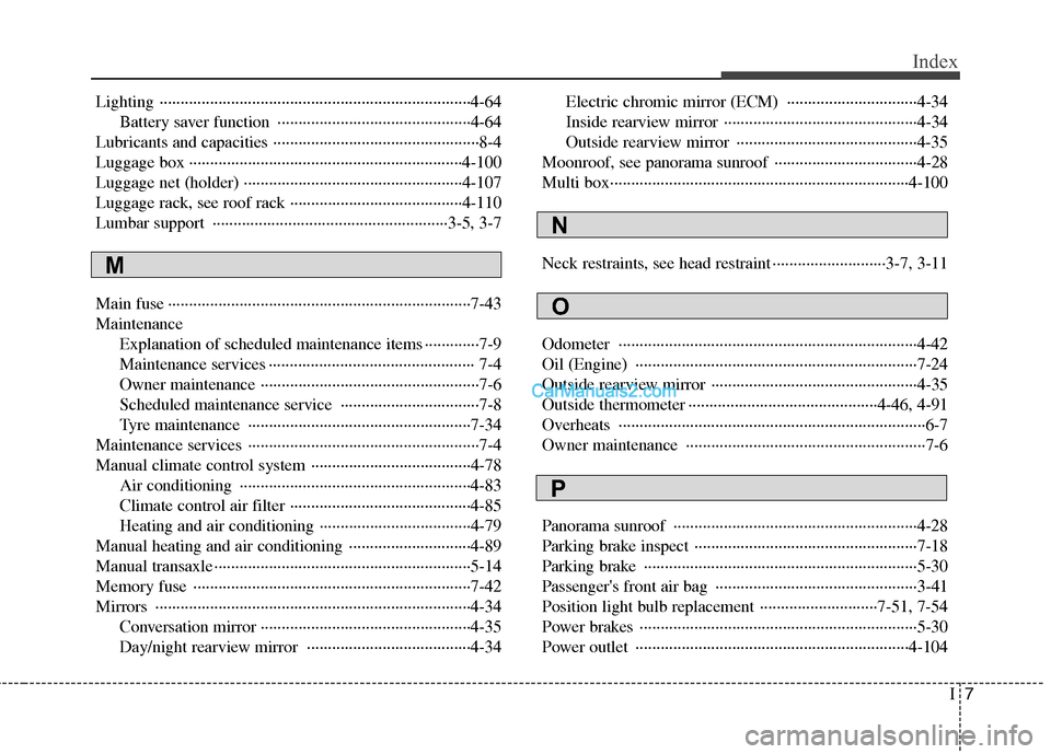 Hyundai Santa Fe 2011  Owners Manual - RHD (UK, Australia) I7
Index
Lighting ··········································································4-64
Battery saver function  ··