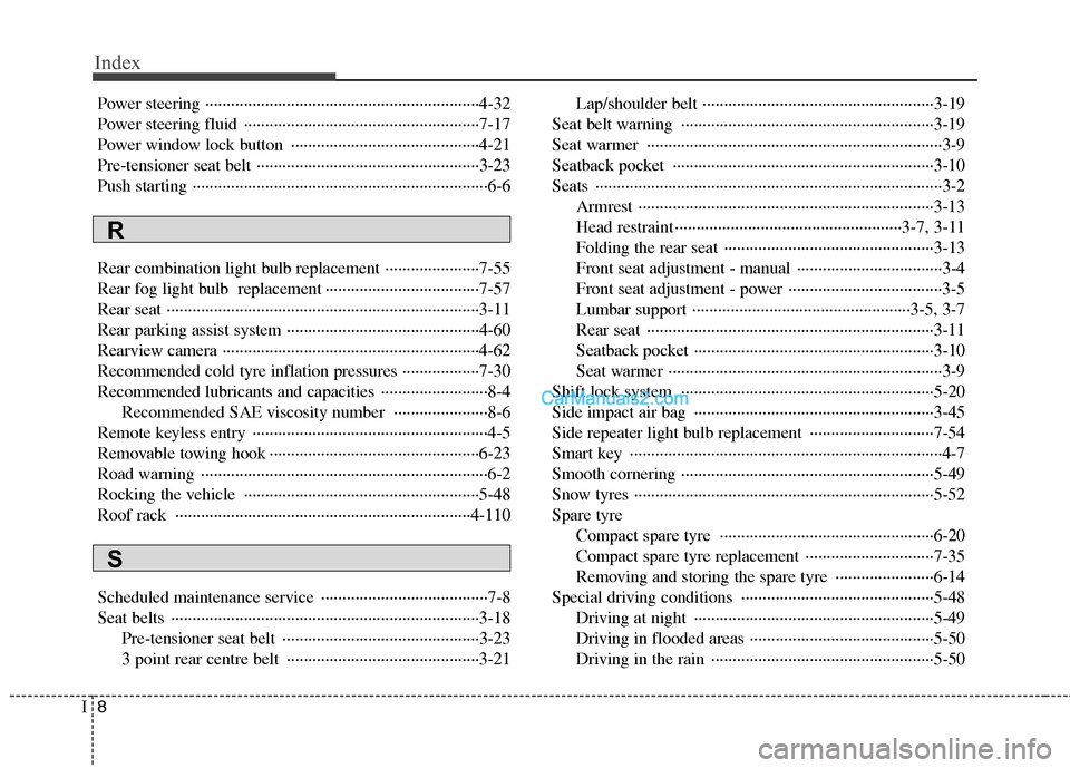 Hyundai Santa Fe 2011  Owners Manual - RHD (UK, Australia) Index
8
I
Power steering ································································4-32 
Power steering fluid  ·········
