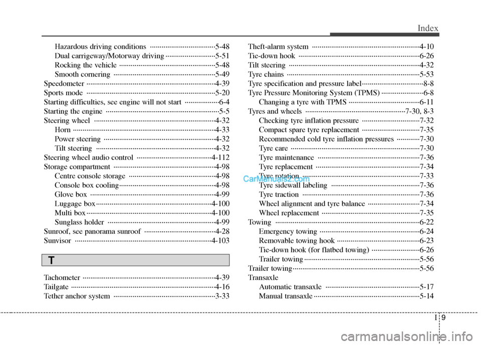 Hyundai Santa Fe 2011 Owners Manual - RHD (UK, Australia) I9
Index
Hazardous driving conditions ··································5-48
Dual carrigeway/Motorway driving ··························5- Hyundai Santa Fe 2011 Owners Manual - RHD (UK, Australia) I9
Index
Hazardous driving conditions ··································5-48
Dual carrigeway/Motorway driving ··························5-