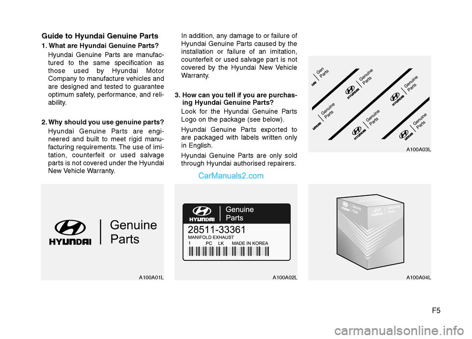 Hyundai Santa Fe 2011 Owners Manual - RHD (UK, Australia) F5
Guide to Hyundai Genuine Parts
1. What are Hyundai Genuine Parts?
Hyundai Genuine Parts are manufac- tured to the same specification as
those used by Hyundai Motor
Company to manufacture vehicles Hyundai Santa Fe 2011 Owners Manual - RHD (UK, Australia) F5
Guide to Hyundai Genuine Parts
1. What are Hyundai Genuine Parts?
Hyundai Genuine Parts are manufac- tured to the same specification as
those used by Hyundai Motor
Company to manufacture vehicles