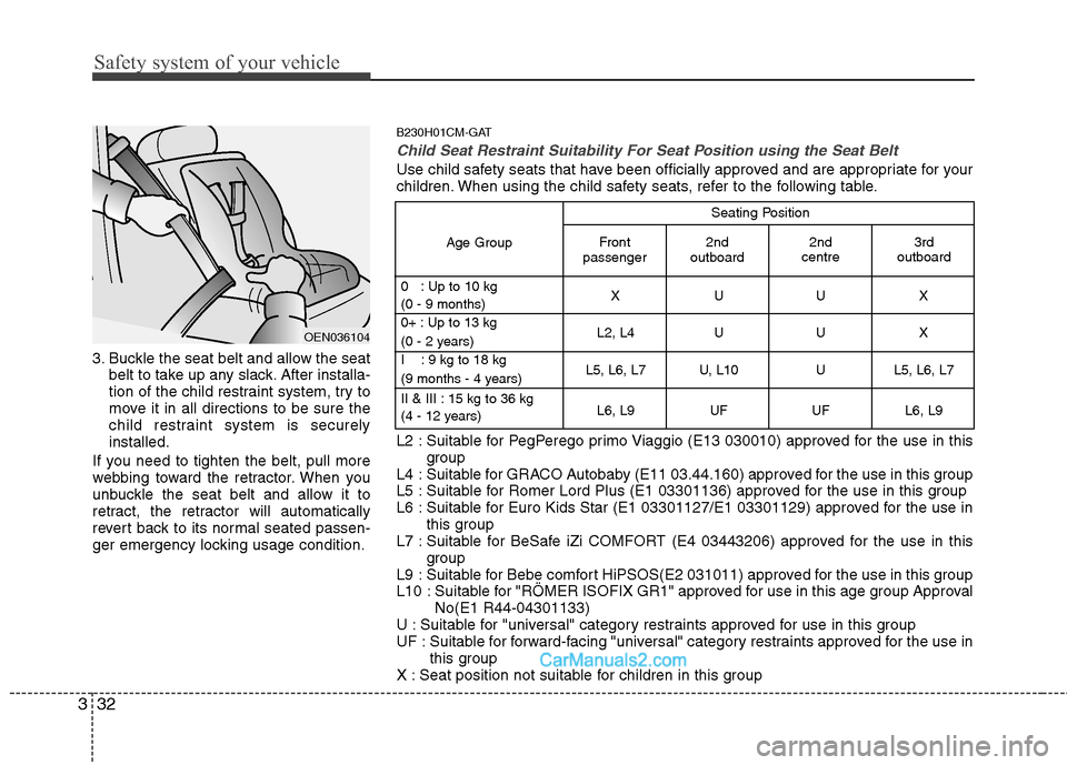 Hyundai Santa Fe 2011   - RHD (UK, Australia) Service Manual Safety system of your vehicle
32
3
3. Buckle the seat belt and allow the seat
belt to take up any slack. After installa- 
tion of the child restraint system, try to
move it in all directions to be sur